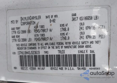 2003 Dodge Ram 1500 Slt/Laramie/St из США, поврежденный, VIN 1D7HU18N43J523619